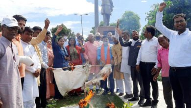 Photo of राहुल गांधी व कैप्टन अमरेंद्र सिंह का भाजपाइयों ने फूंका पुतला